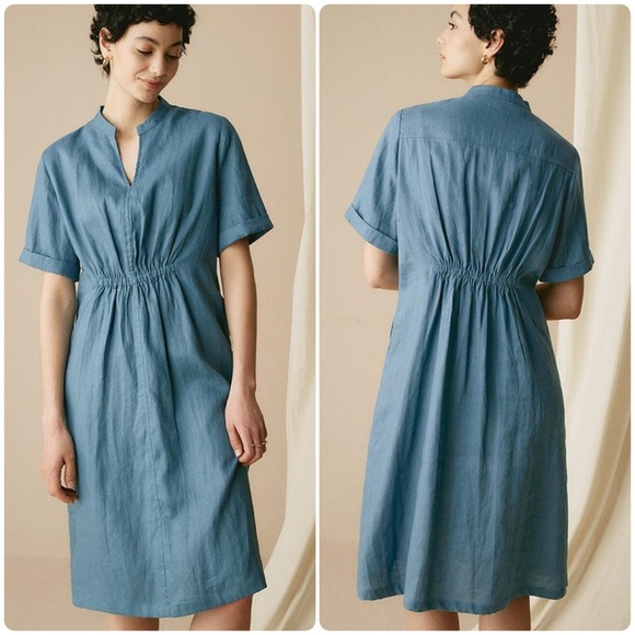 Lintico Dress XL 100% Linen V-Neck Elastic Waistband JENNY Blue Coastal NEW NWT - Picture 1 of 16